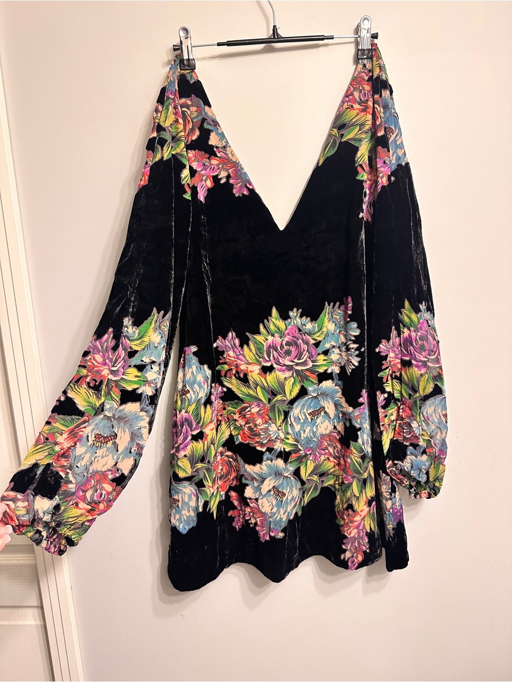 Free People Black Floral Velvet Cold Shoulder Mini Dress S